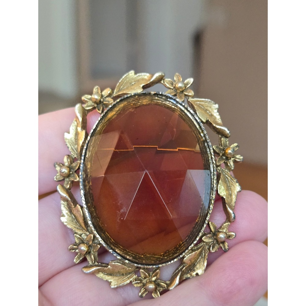 Amber Color Rhinestone Glass Goldtone Brooch Floral Motif Vintage Unsigned